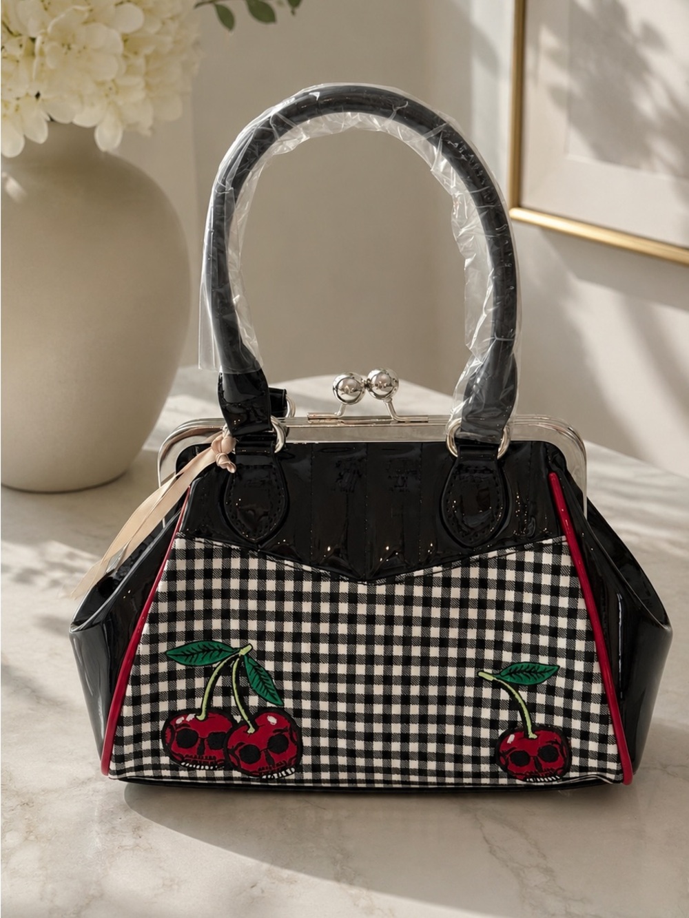 Black Gingham Cherry Accent Satchel Handbag Retro Style
